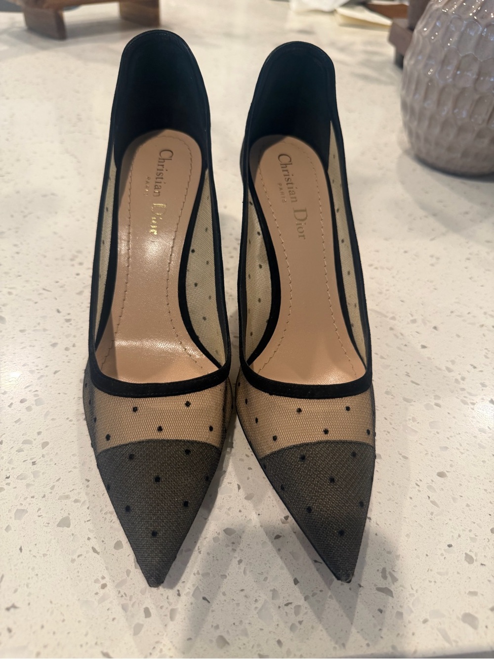 Dior Black Mesh Polka-Dot Pointed Toe Pumps size EU38.5